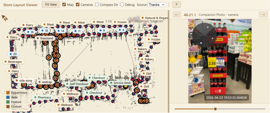 Clobotics store layout interface connecting captured retail images, camera positions, departments, aisles, and display locations